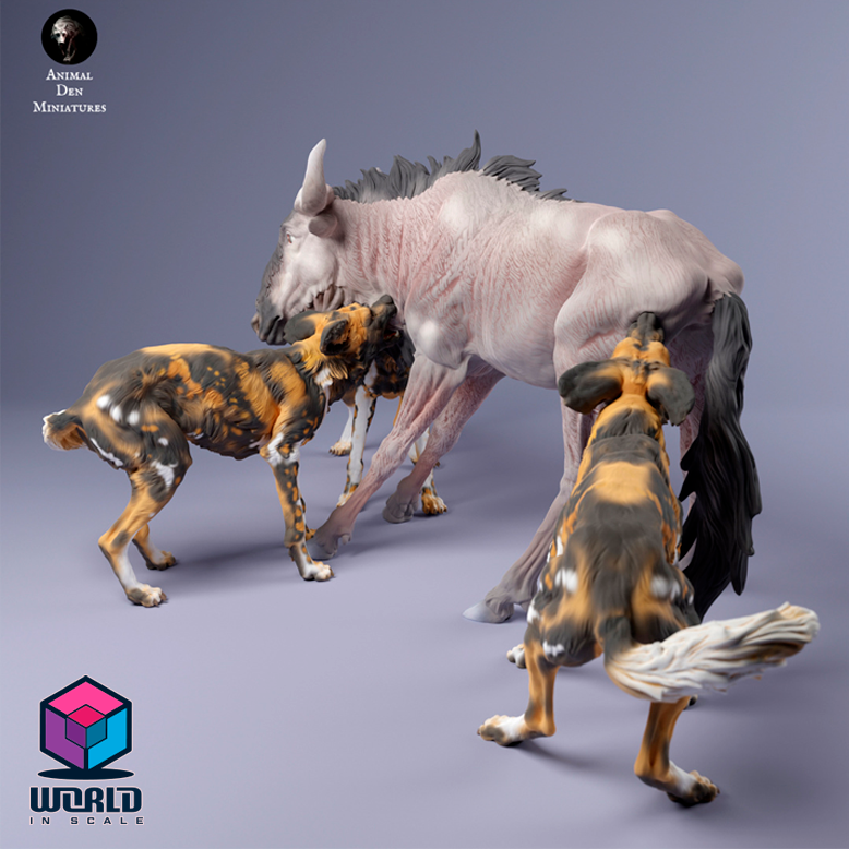 African Wild Dogs vs Wildebeest -Animal Den Miniatures