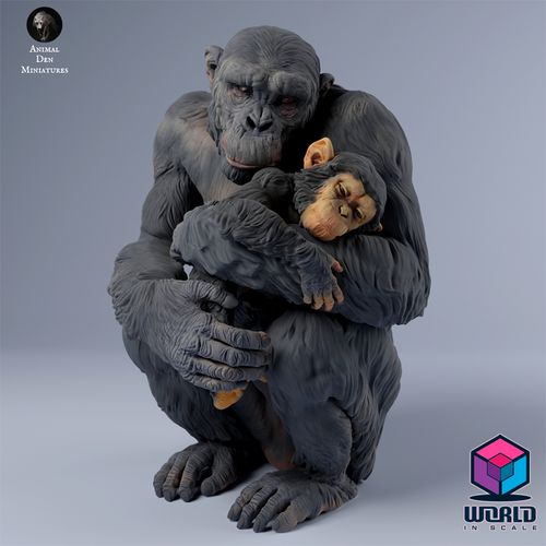 Chimpanzee_female_holding_baby- Animal Den Miniatures